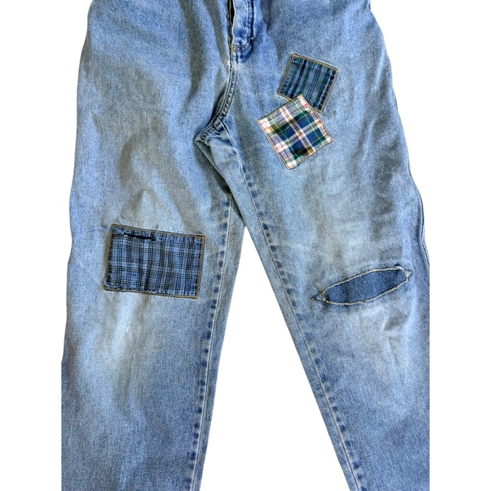 Lizwear Vintage 90s Patchwork Mom Jeans 12 Blue Cotton Plaid Distressed Boho - Picture 3 of 5